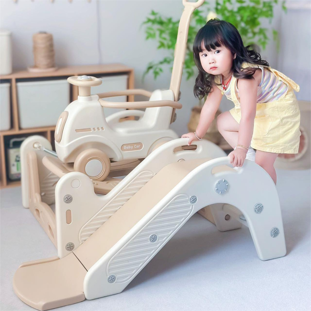 Centro de Juegos Infantil 4 en 1 con Tobogán, Columpio y Carrito Montable
